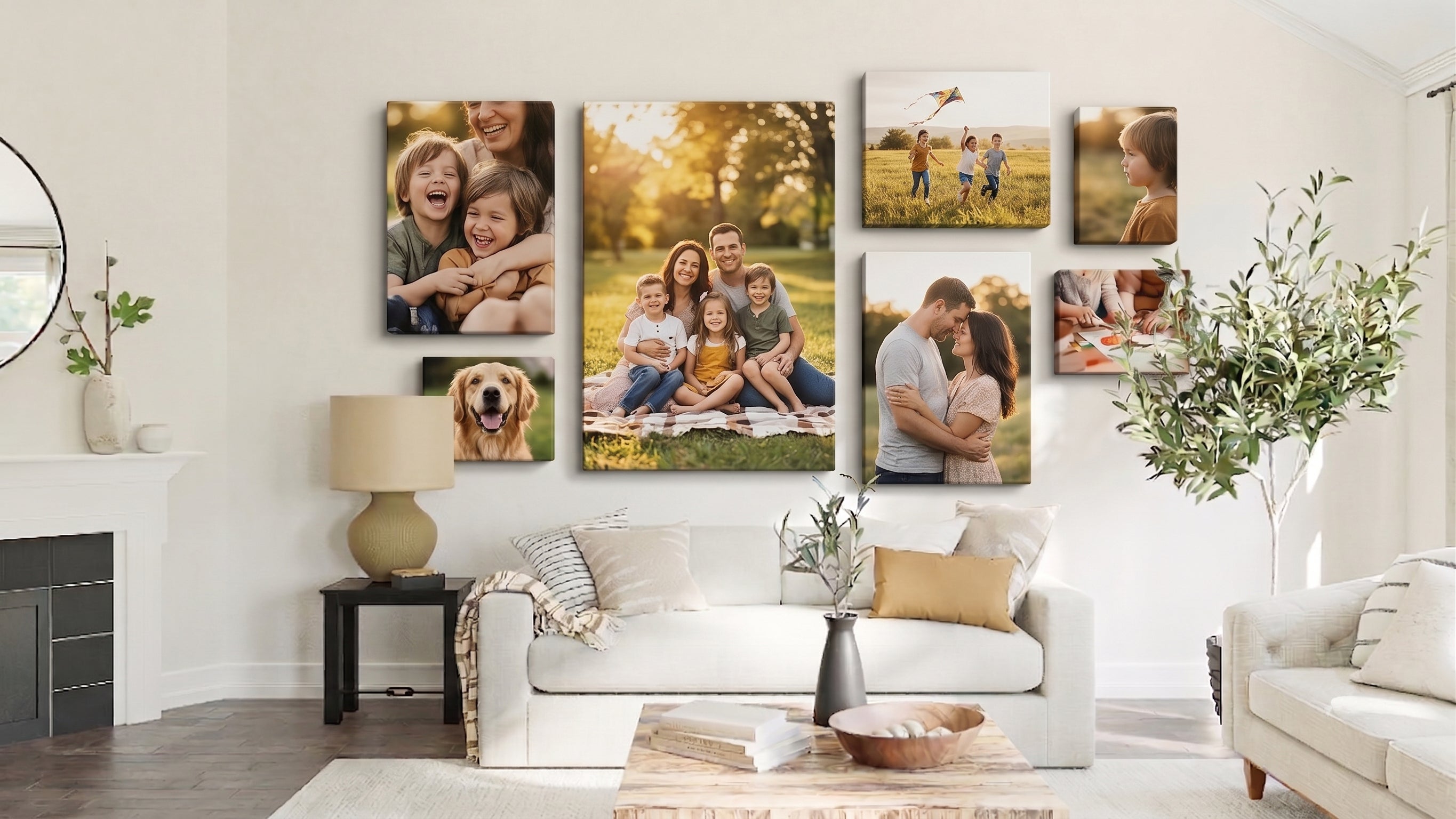Salón decorado con varios lienzos personalizados de CholloLienzo colgados en la pared